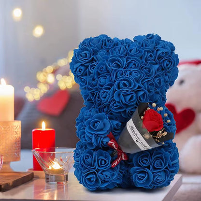 Rose Flower Bear with Clear Box Handmade Girlfriend Anniversary Artificial Flowers Bear Gift for Wedding Party